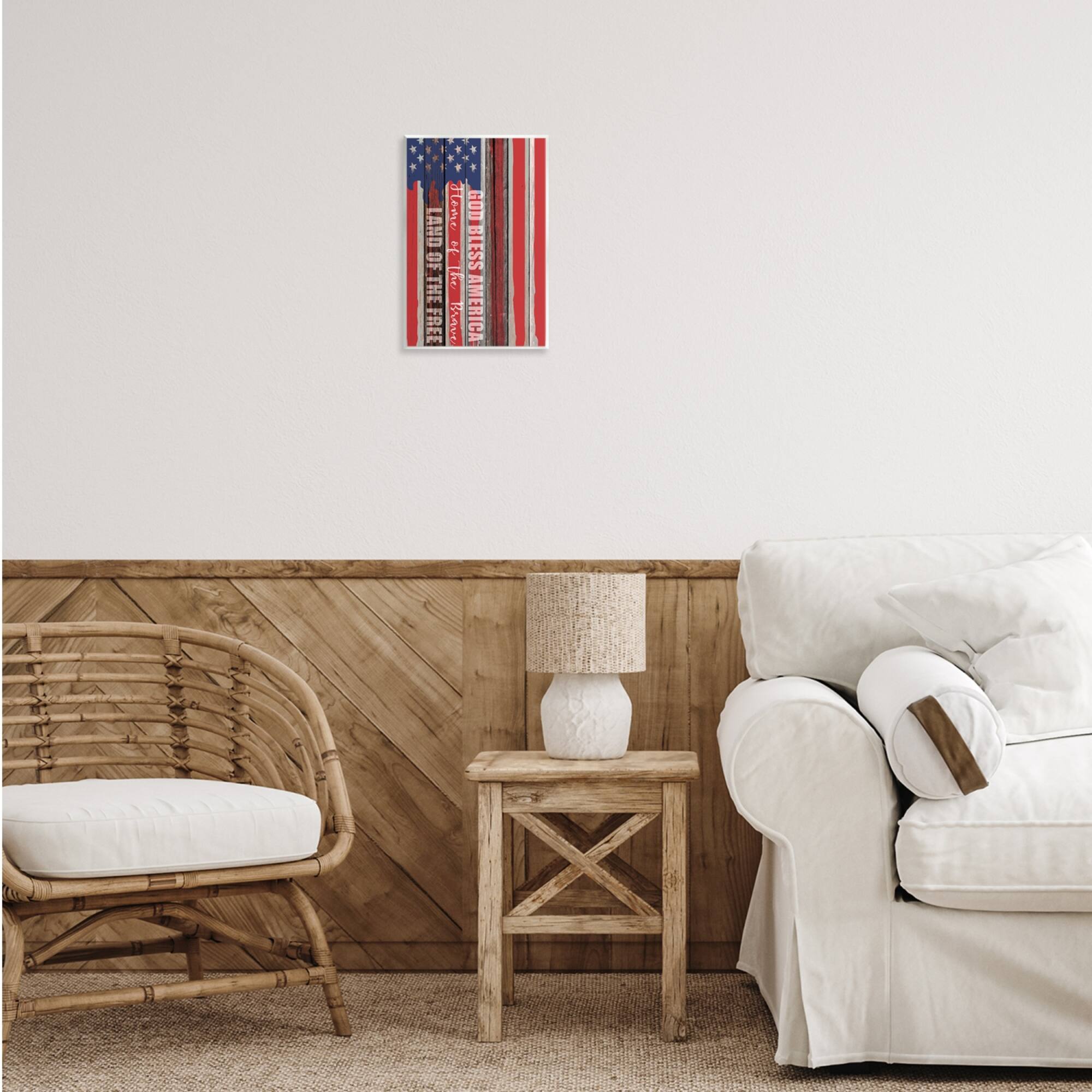 Stupell Industries God Bless America Wood Grain Flag Red White Blue Americana Wall Plaque Art